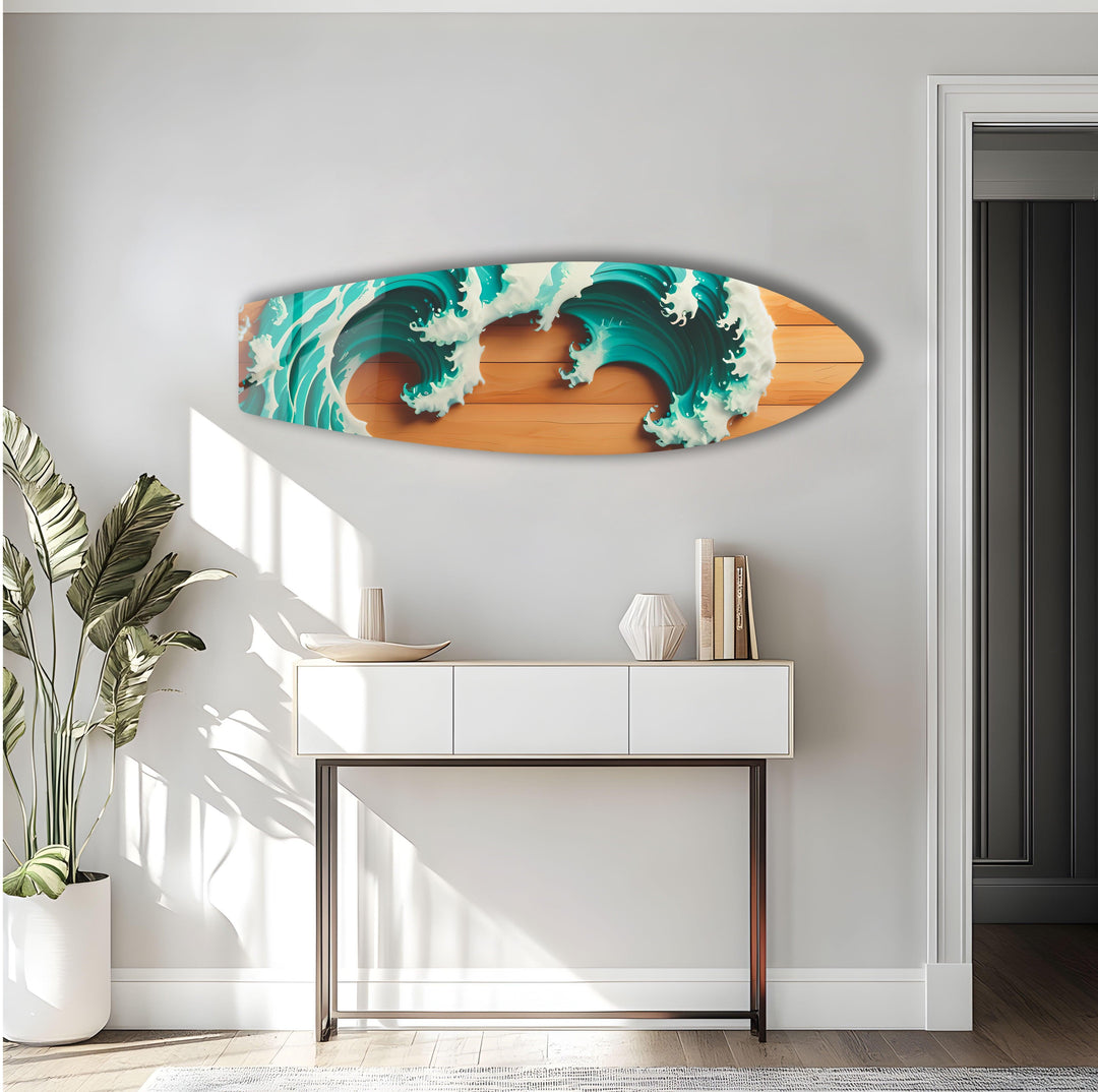 Wooden Details Ocean Wave Surfboard Wall Art