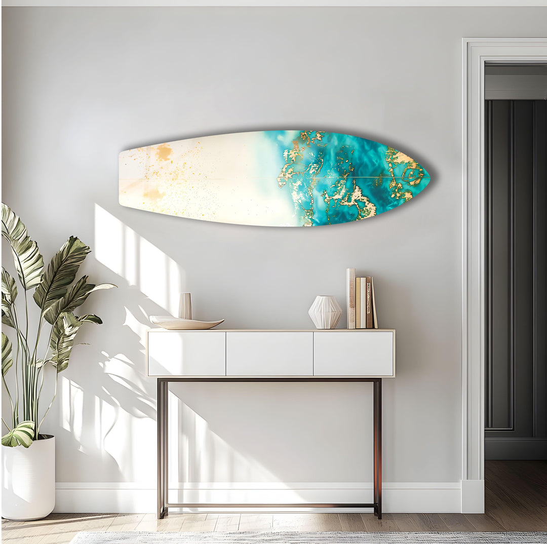 Blue Abstract Golden Details Surfboard Wall Art