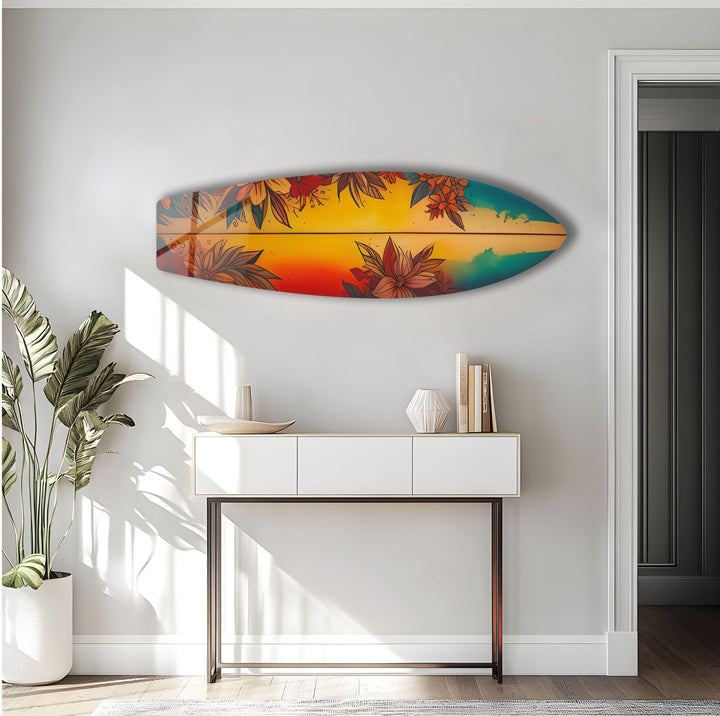 Orange Vintage Flowers Surfboard Wall Art