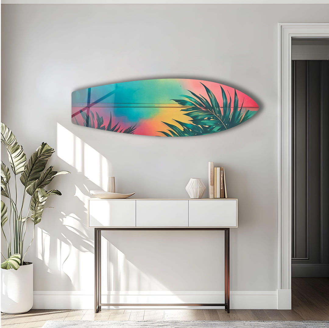 Blue Pink Palm Tree Surfboard Wall Art