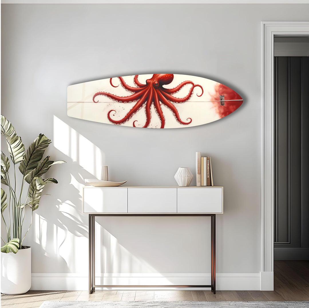 Red Octopus Surfboard Wall Art