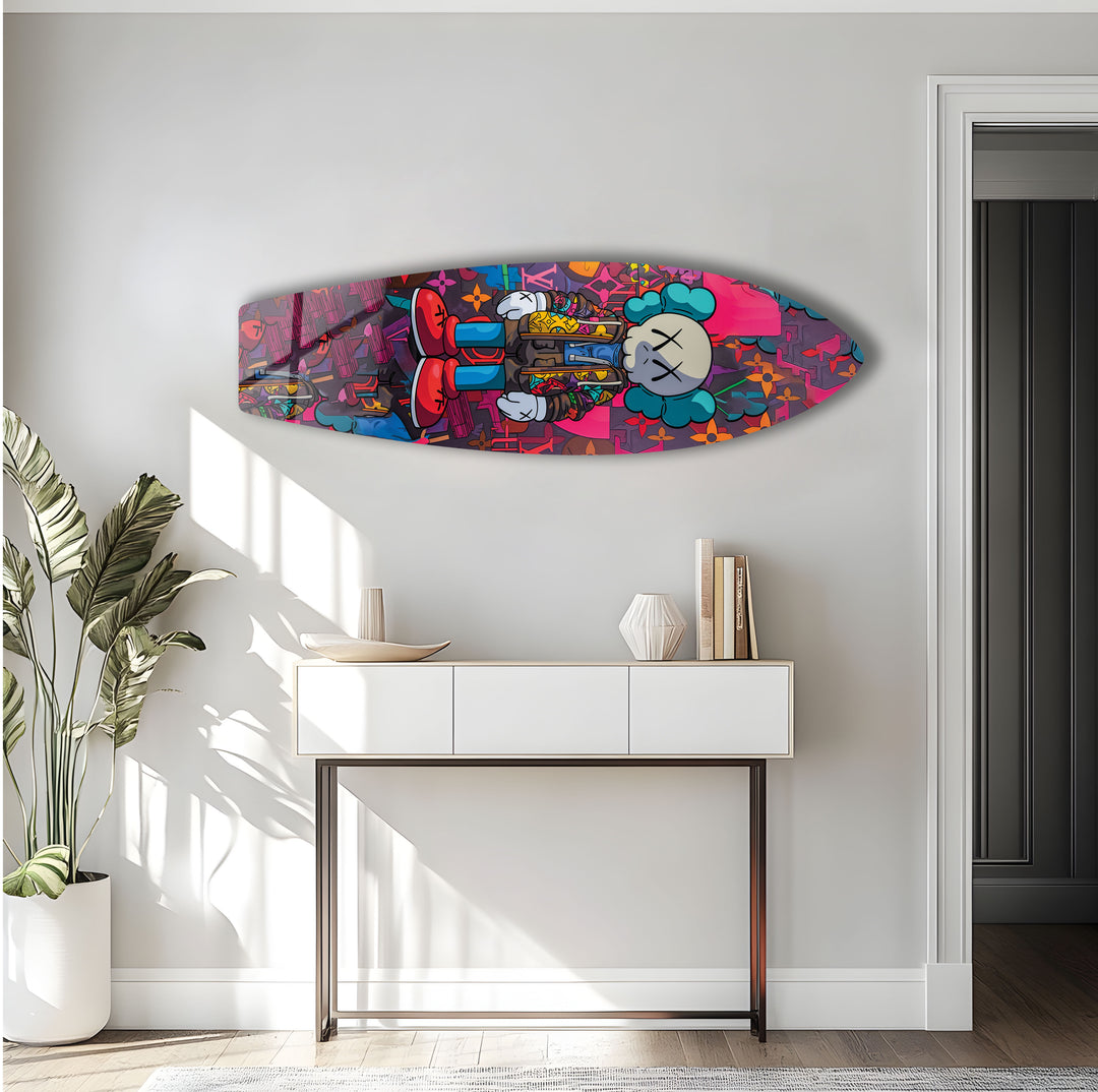 Kaws-Inspired Surfboard Wall Art – Colorful Graffiti & Figurine Design