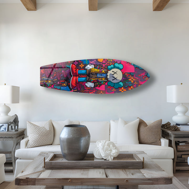 Kaws-Inspired Surfboard Wall Art – Colorful Graffiti & Figurine Design