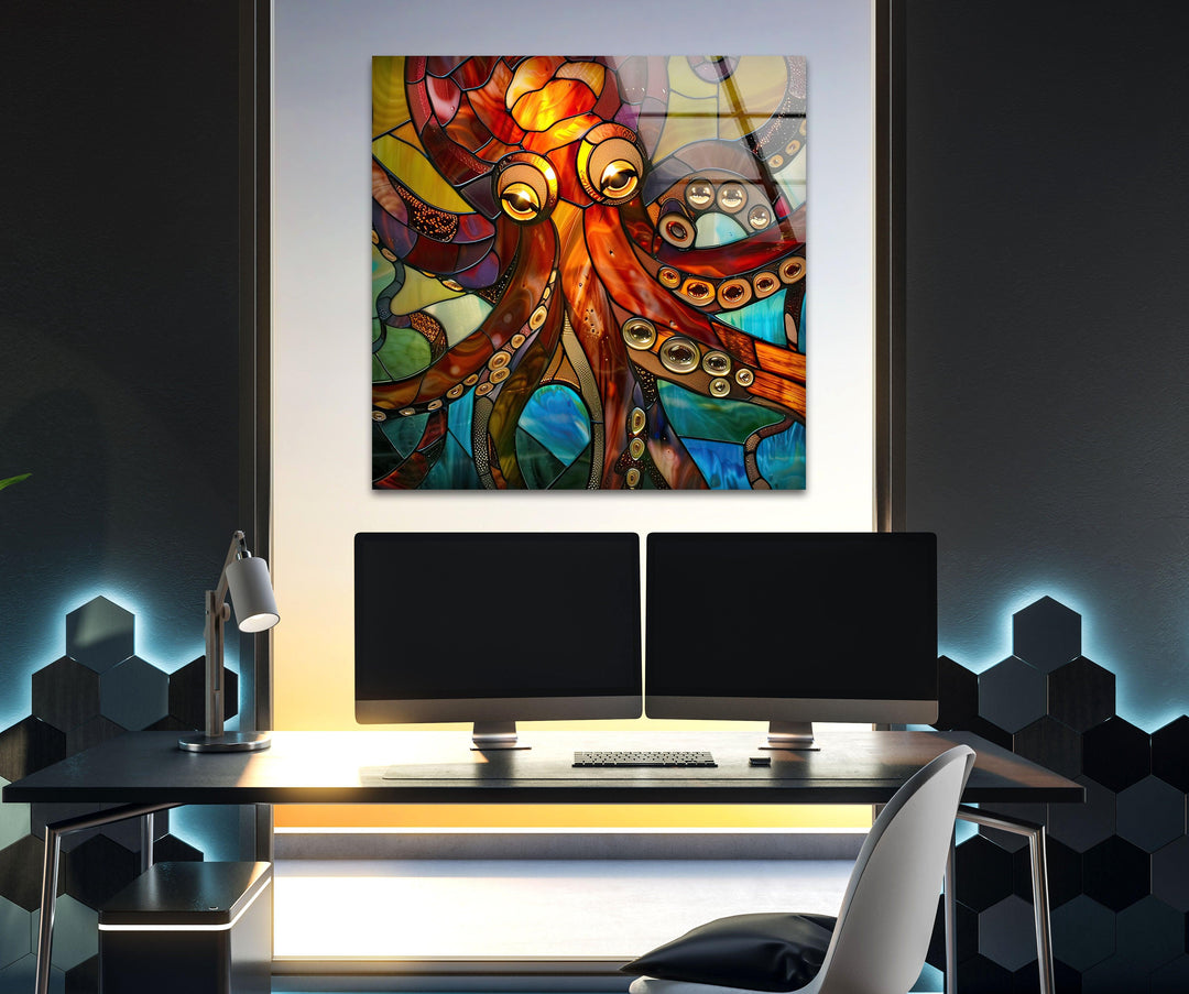 Stained Octopus Glass Wall Art photo print on glass, prints on glass wall art
