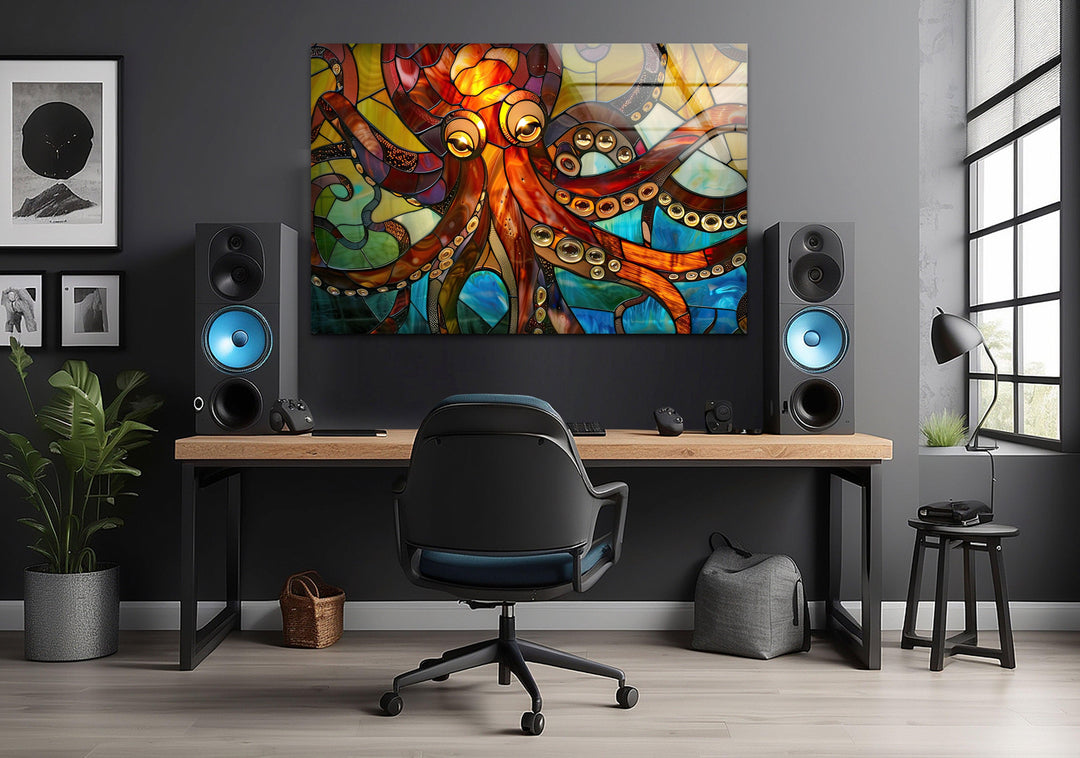 Stained Octopus Glass Wall Art large glass photo prints, glass wall photos
