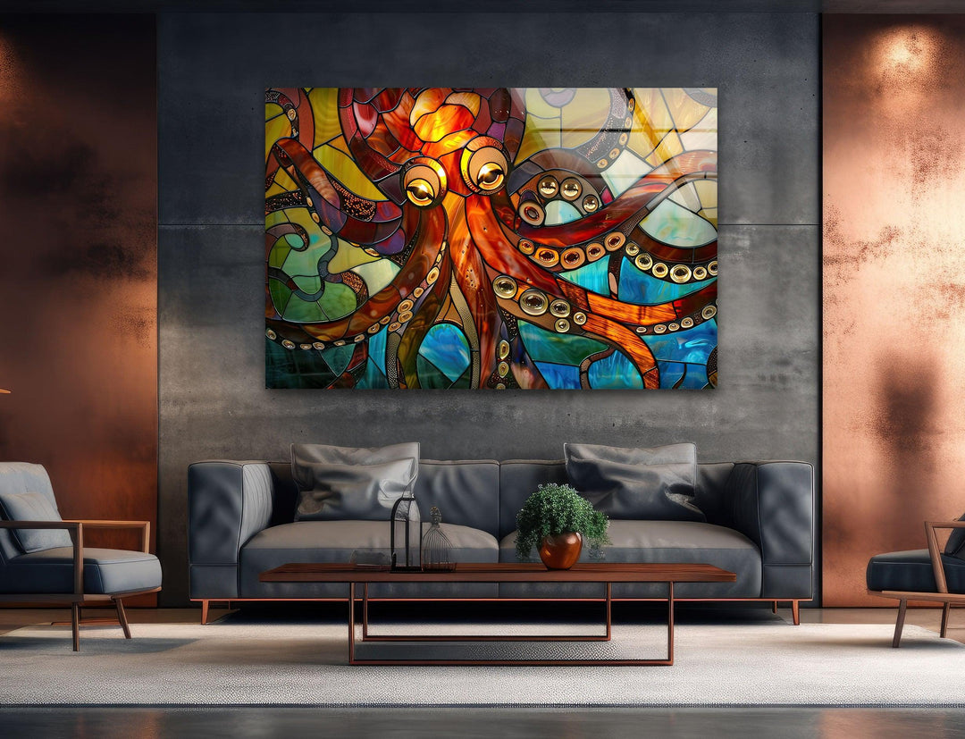 Stained Octopus Glass Wall Art custom glass photo prints, large glass prints
