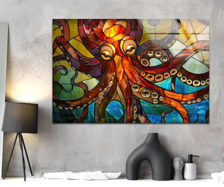 Stained Octopus Glass Wall Art picture on glass wall art, photos printed on glass
