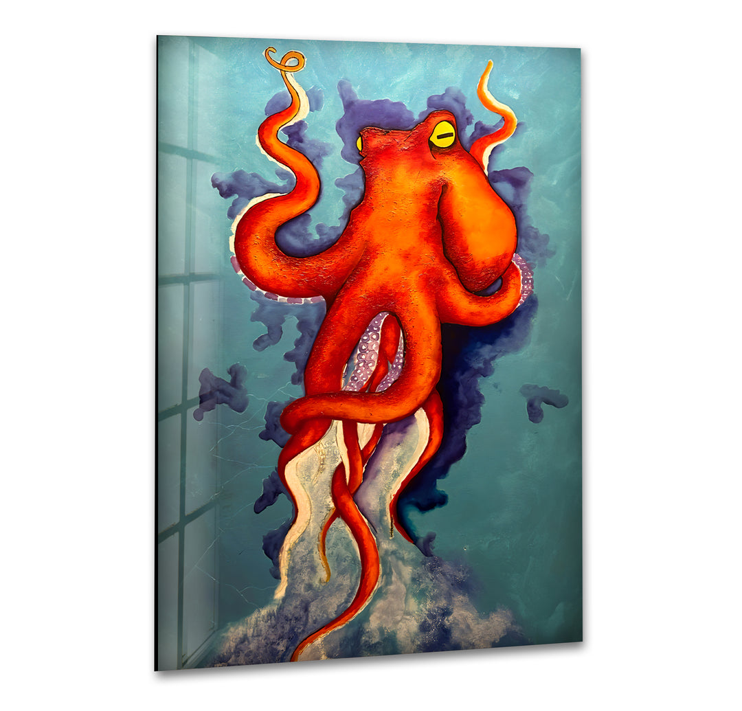 Oil Painting Cartoon Octopus Glass Wall Art picture on glass wall art, photos printed on glass
