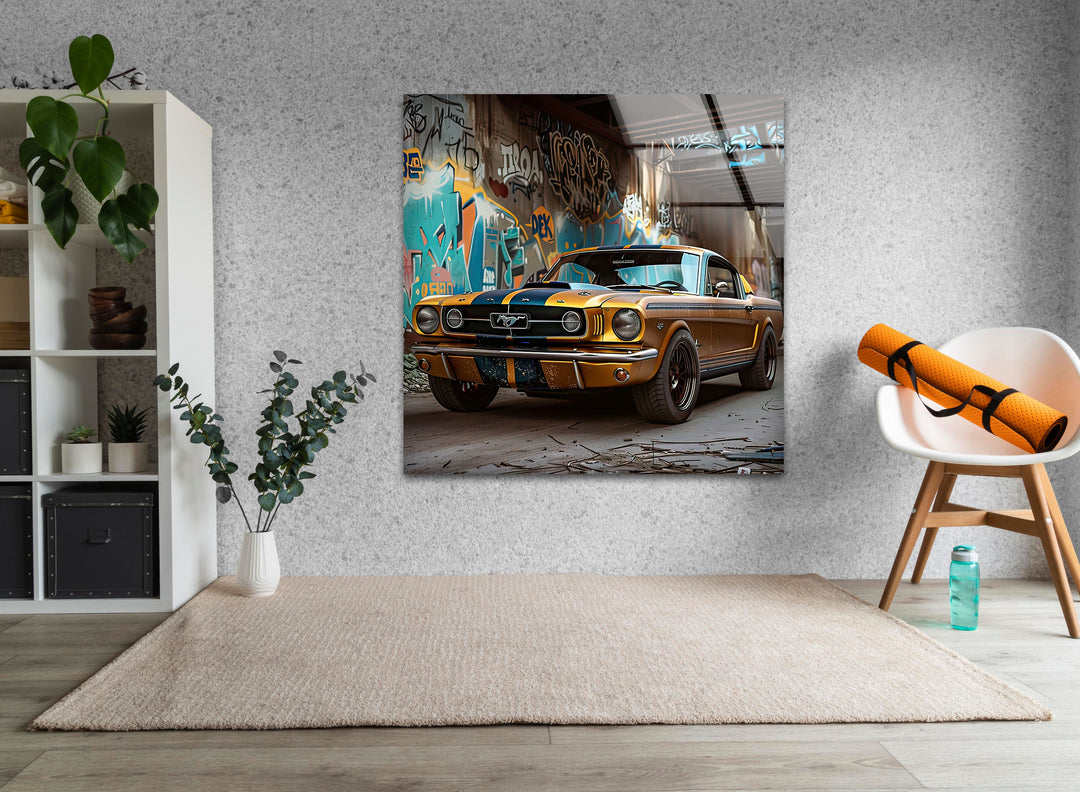 Old Ford Mustang Car Glass Wall Art glass art painting, glass art for the Wall
