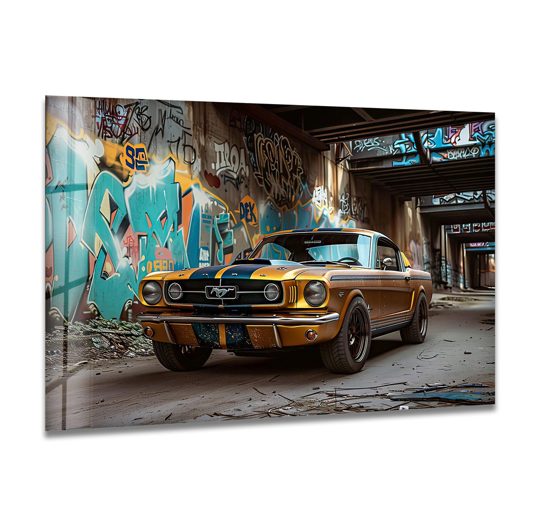 Old Ford Mustang Car Glass Wall Art print picture on glass, Tempered Glass Wall Art
