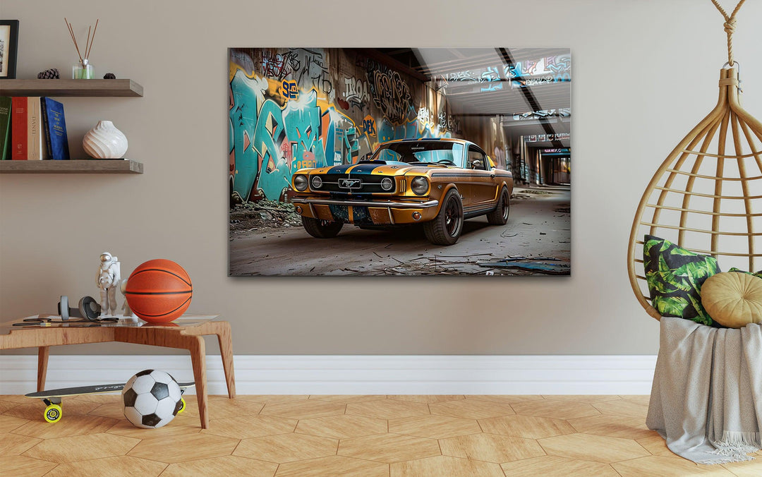 Old Ford Mustang Car Glass Wall Art glass pictures for Wall, glass prints wall art
