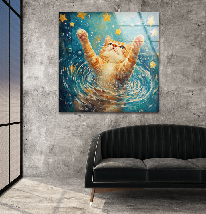 Orange Cat Ripples Yellow Stars Glass Wall Art Glass Printing Wall Art, Print photos on glass
