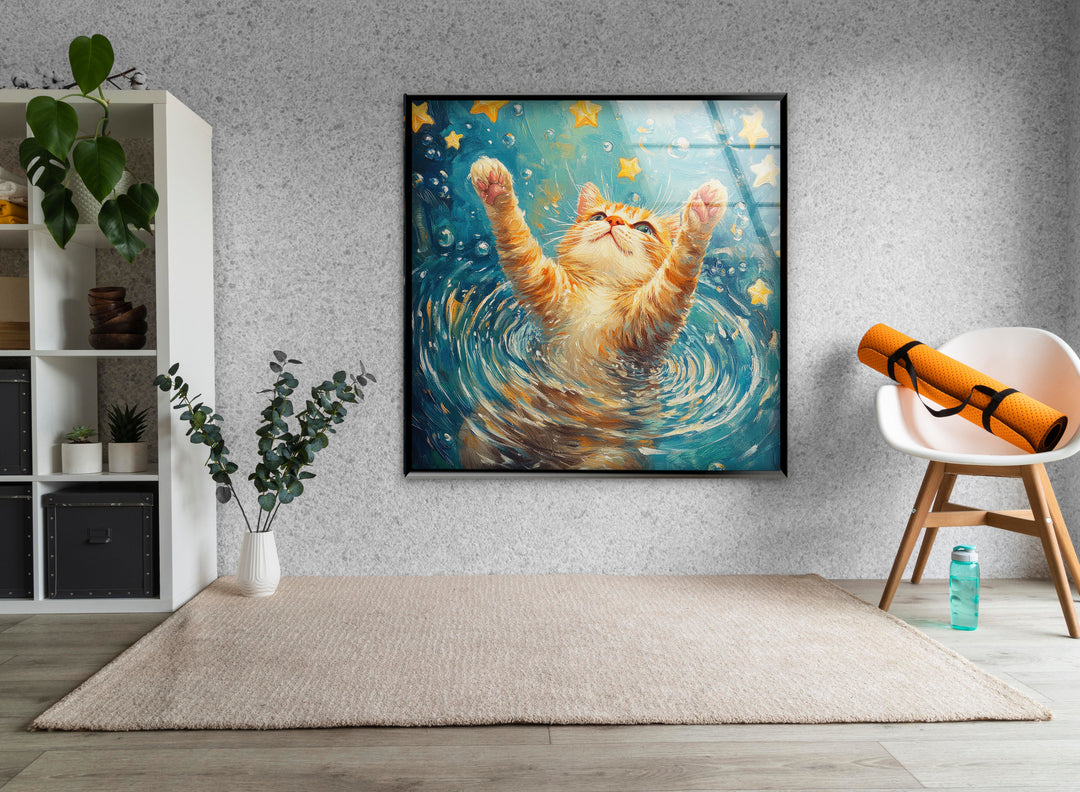 Orange Cat Ripples Yellow Stars Glass Wall Art glass photo prints, glass picture prints
