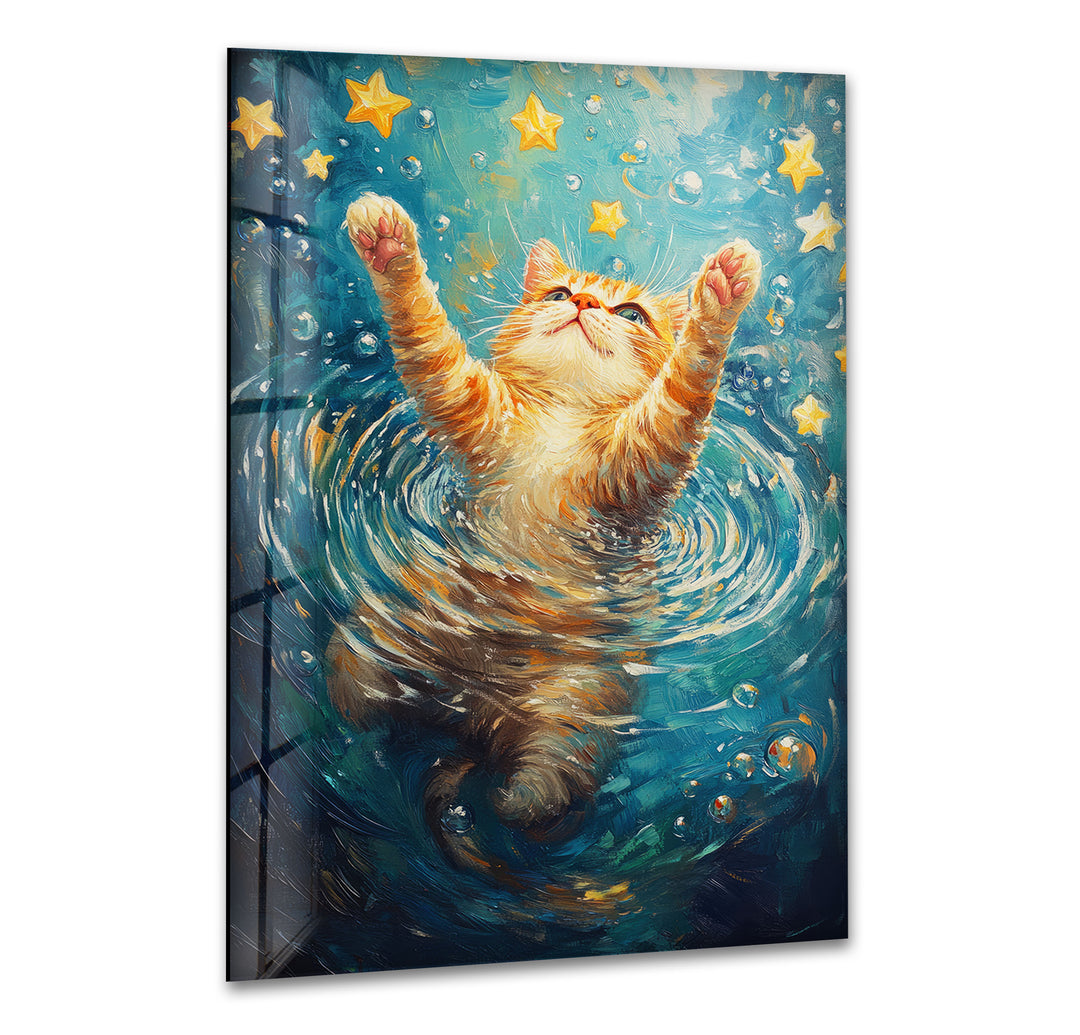 Orange Cat Ripples Yellow Stars Glass Wall Art custom glass photo prints, large glass prints
