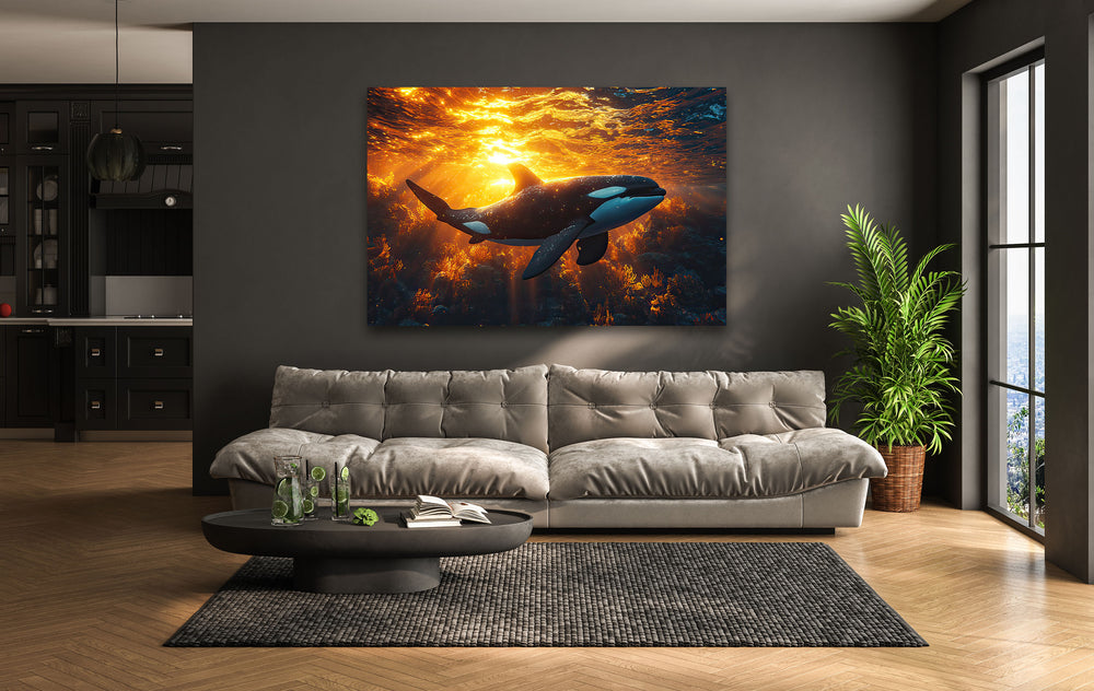 Sunset Orca Glass Wall Art glass image printing, glass prints from photos
