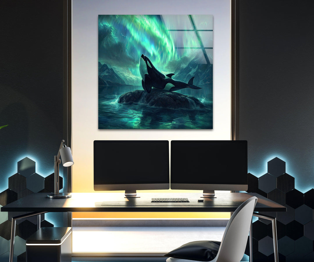 Orca with Northern Lights Glass Wall Art large glass photo prints, glass wall photos
