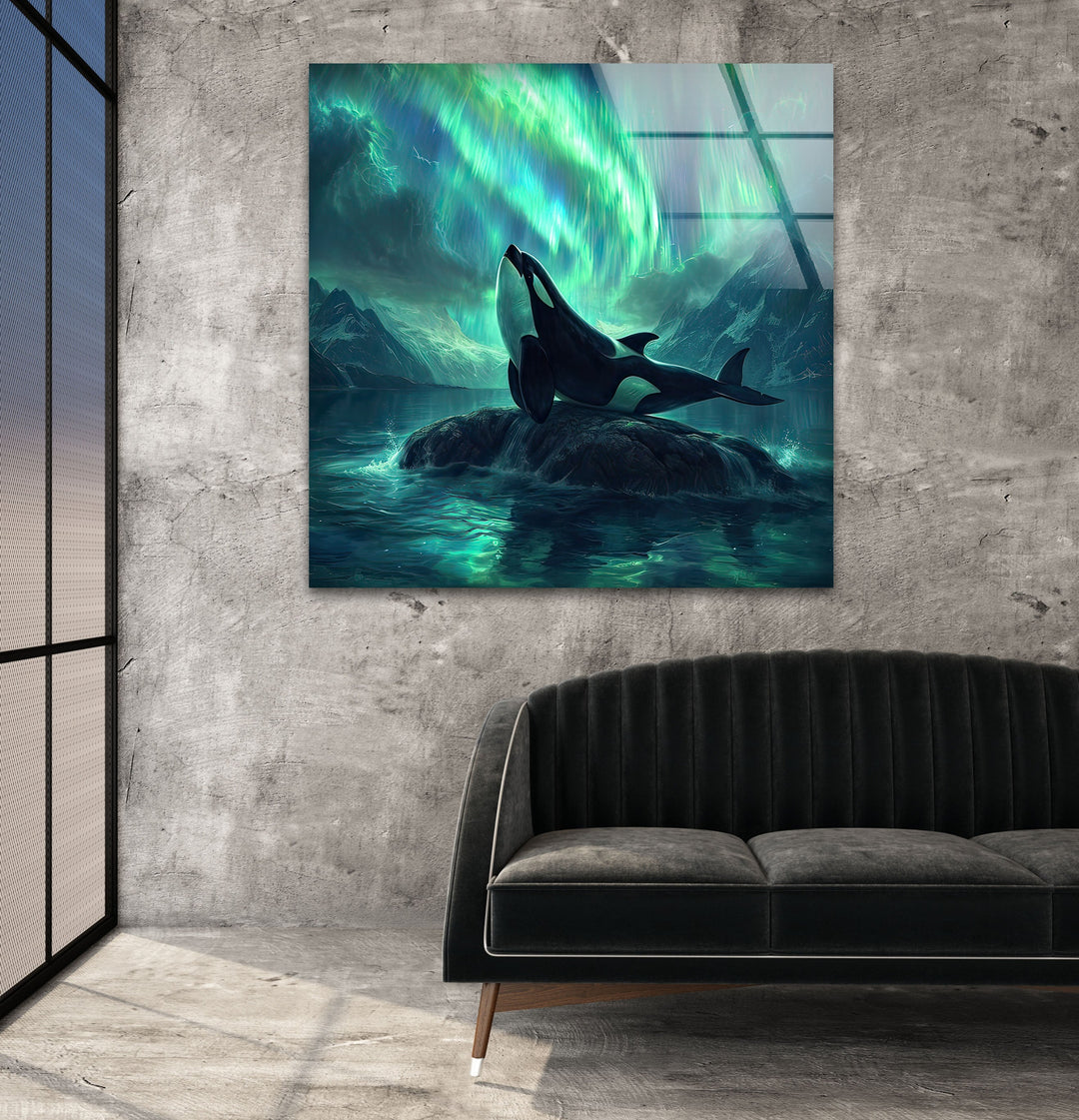 Orca with Northern Lights Glass Wall Art glass pictures for Wall, glass prints wall art
