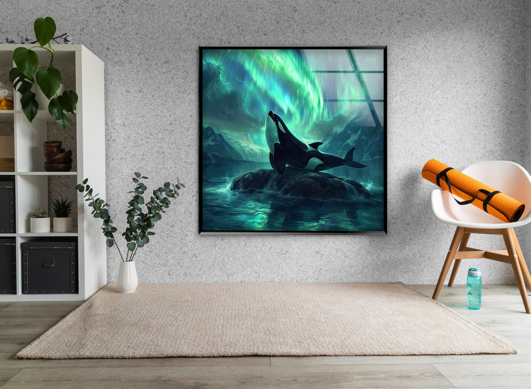 Orca with Northern Lights Glass Wall Art photo print on glass, prints on glass wall art
