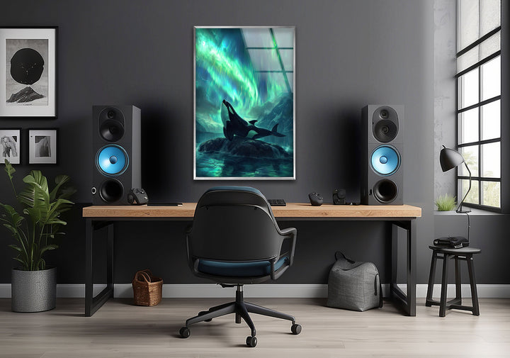 Orca with Northern Lights Glass Wall Art custom glass photo prints, large glass prints
