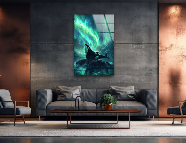 Orca with Northern Lights Glass Wall Art picture on glass wall art, photos printed on glass
