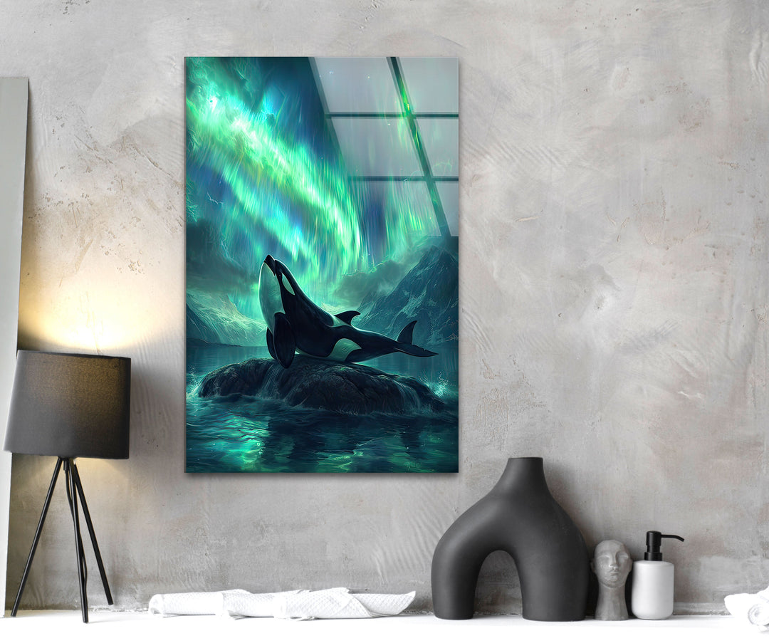 Orca with Northern Lights Glass Wall Art custom glass pictures, glass art prints
