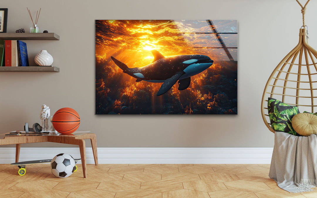 Orca Under The Sea Glass Wall Art photo print on glass, prints on glass wall art
