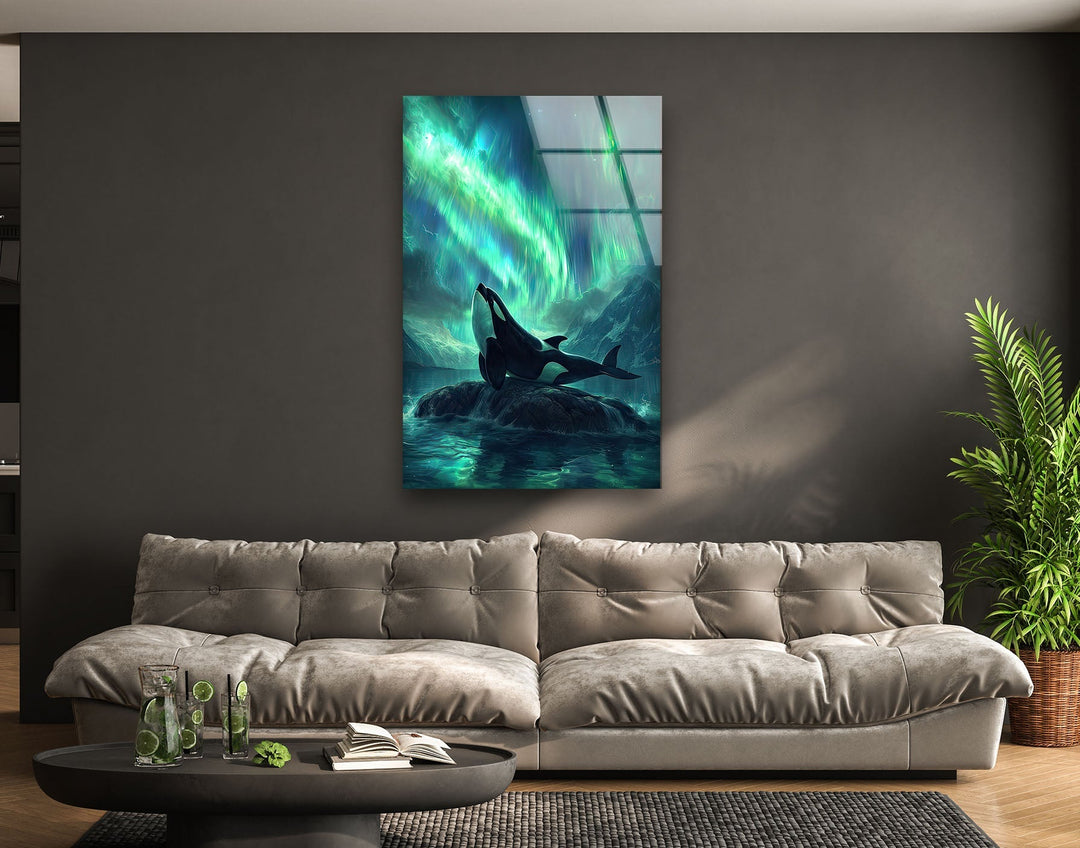 Orca with Northern Lights Glass Wall Art art glass wall art, glass wall art pictures
