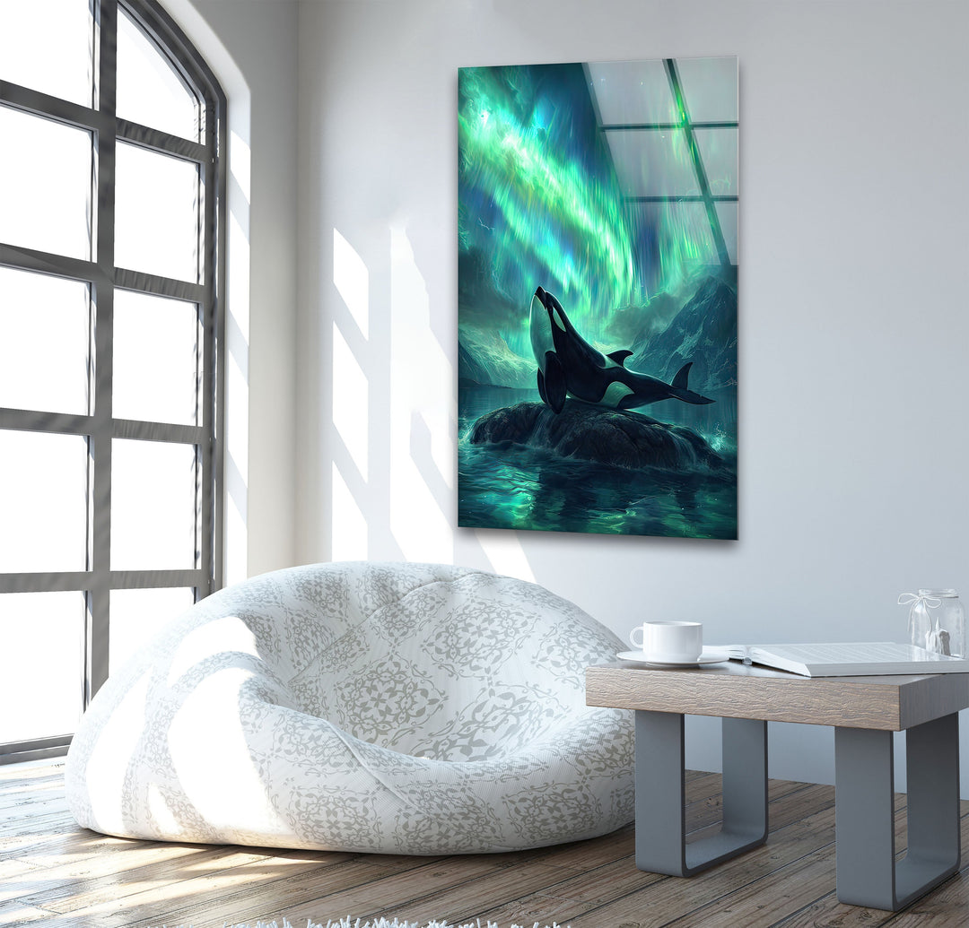 Orca with Northern Lights Glass Wall Art glass photo prints, glass picture prints
