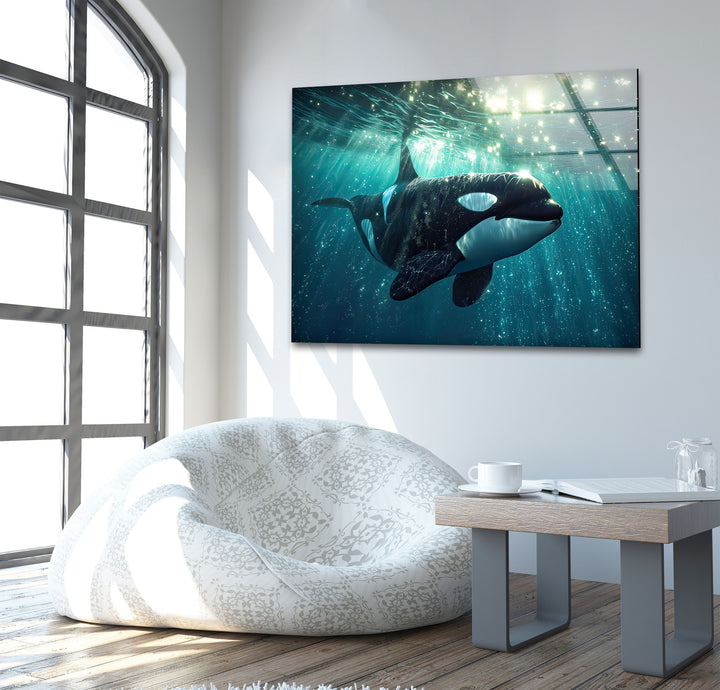 Shiny Orca Glass Wall Art picture on glass wall art, photos printed on glass
