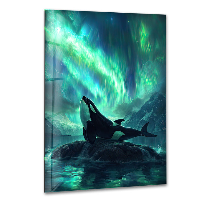 Orca with Northern Lights Glass Wall Art glass art painting, glass art for the Wall
