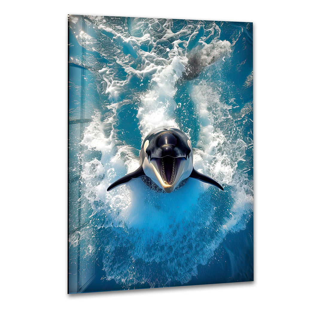 Orca & Blue Sea Glass Wall Art glass photo prints, glass picture prints
