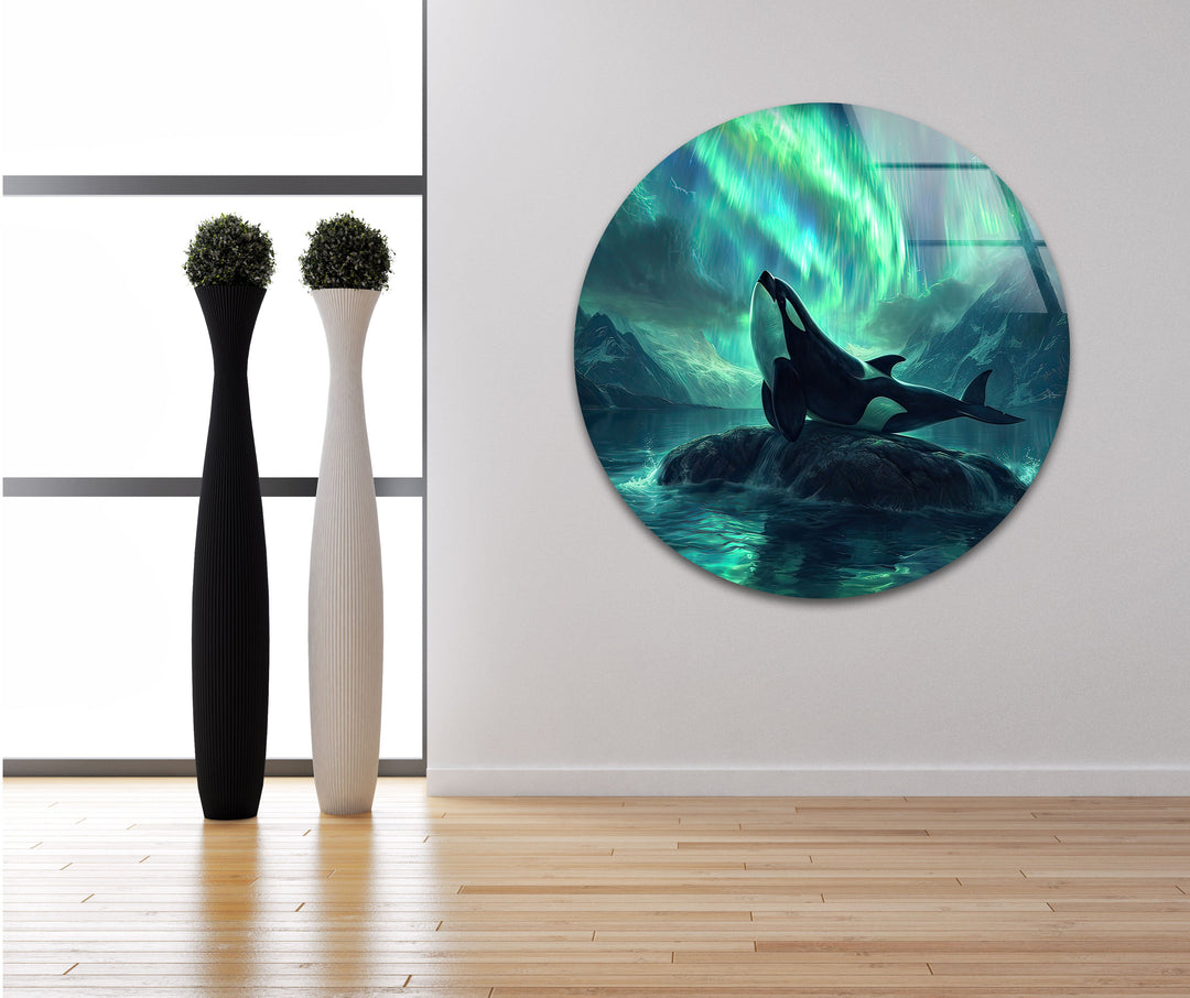 Orca with Northern Lights Glass Wall Art glass image printing, glass prints from photos
