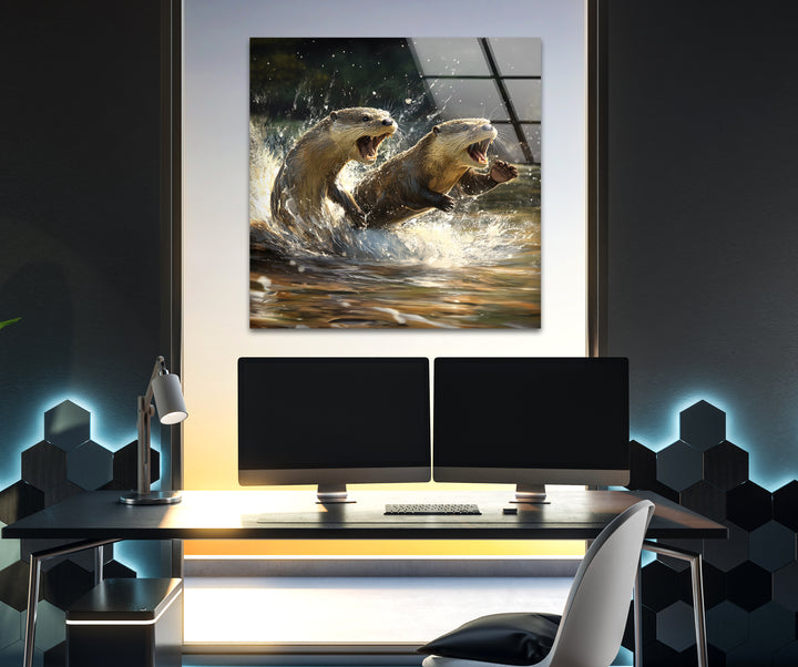 Playful Otters Wall Art custom glass photo prints, large glass prints
