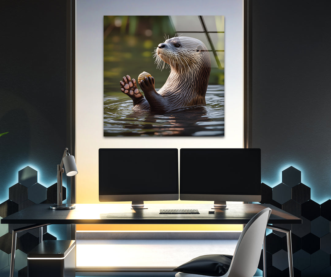 Pretty Otter In The Lake Glass Wall Art picture on glass wall art, photos printed on glass