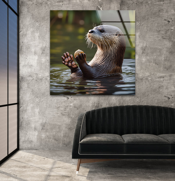 Pretty Otter In The Lake Glass Wall Art custom glass pictures, glass art prints