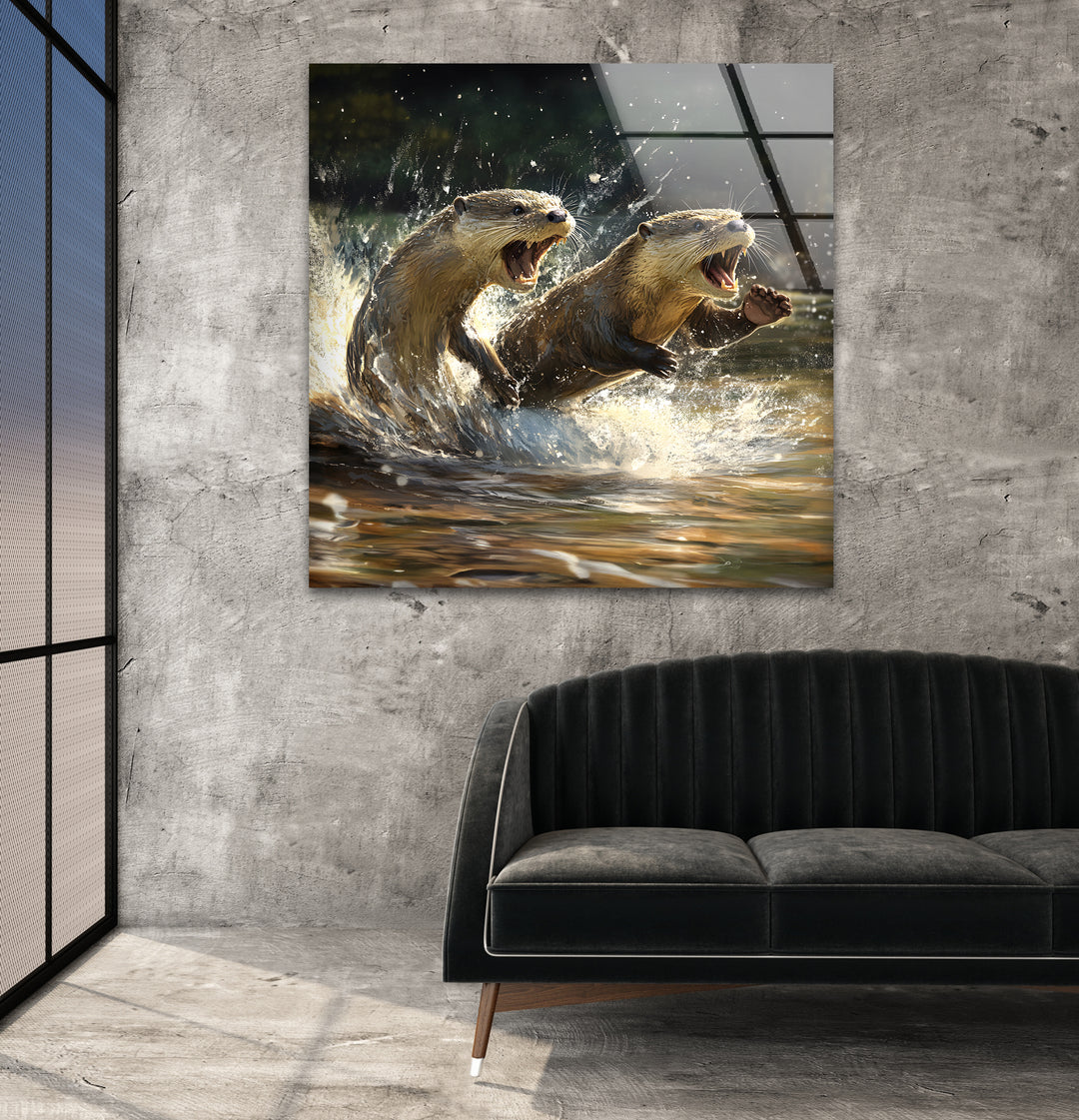 Playful Otters Wall Art photo print on glass, prints on glass wall art
