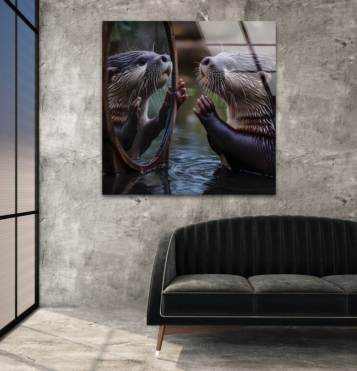 Otter in the Mirror Wall Art glass art painting, glass art for the Wall
