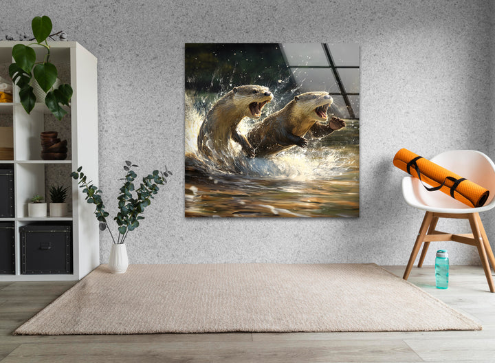 Playful Otters Wall Art large glass photo prints, glass wall photos
