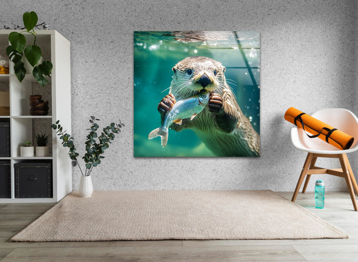 Fish-Eating Otter Glass Wall Art stained glass wall art, stained glass wall decor
