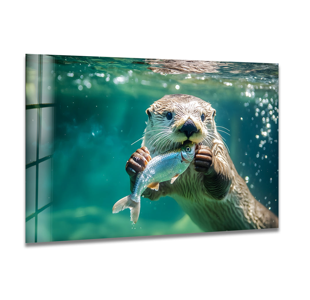 Fish-Eating Otter Glass Wall Art custom glass photo prints, large glass prints
