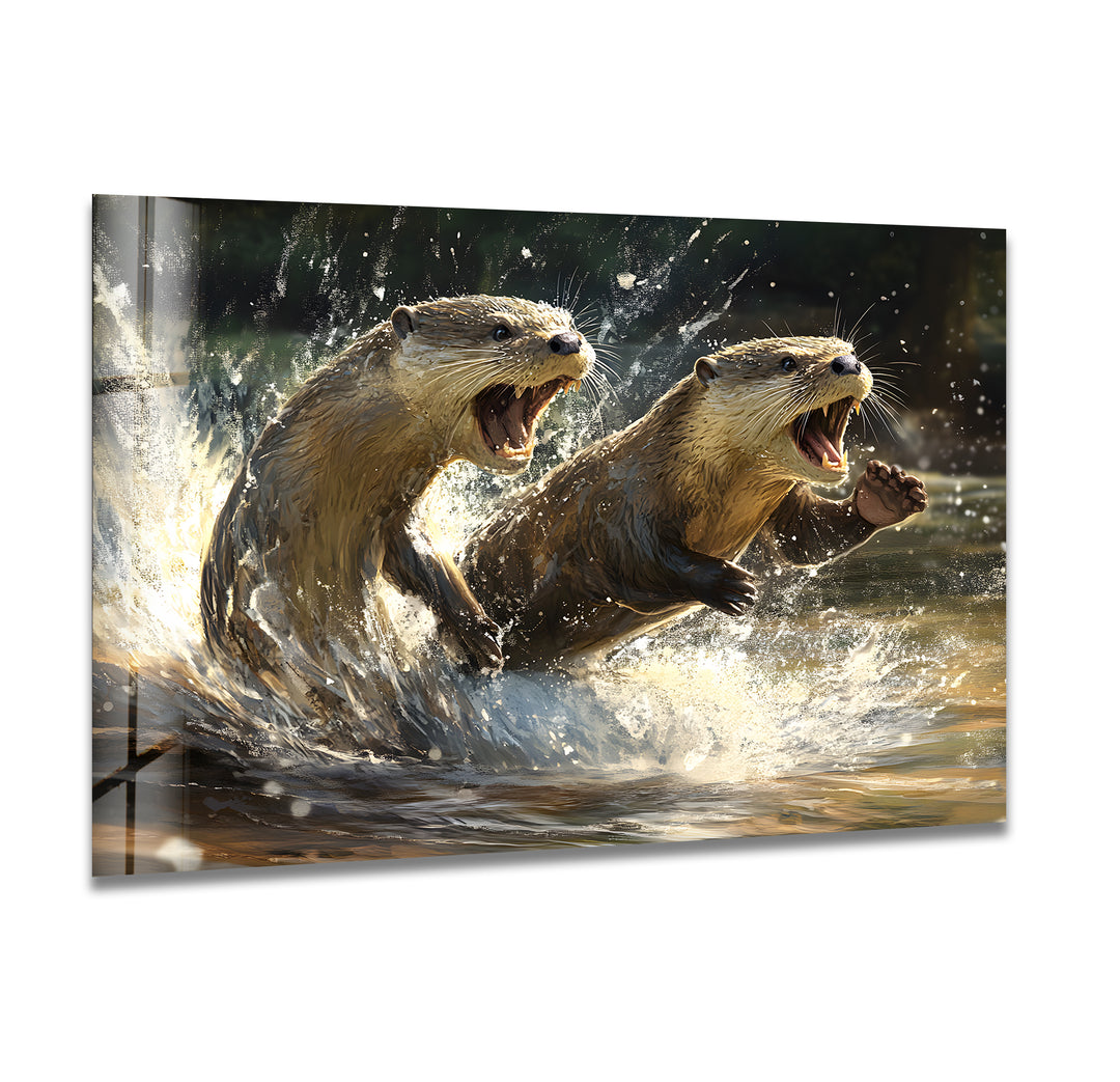 Playful Otters Wall Art glass art painting, glass art for the Wall
