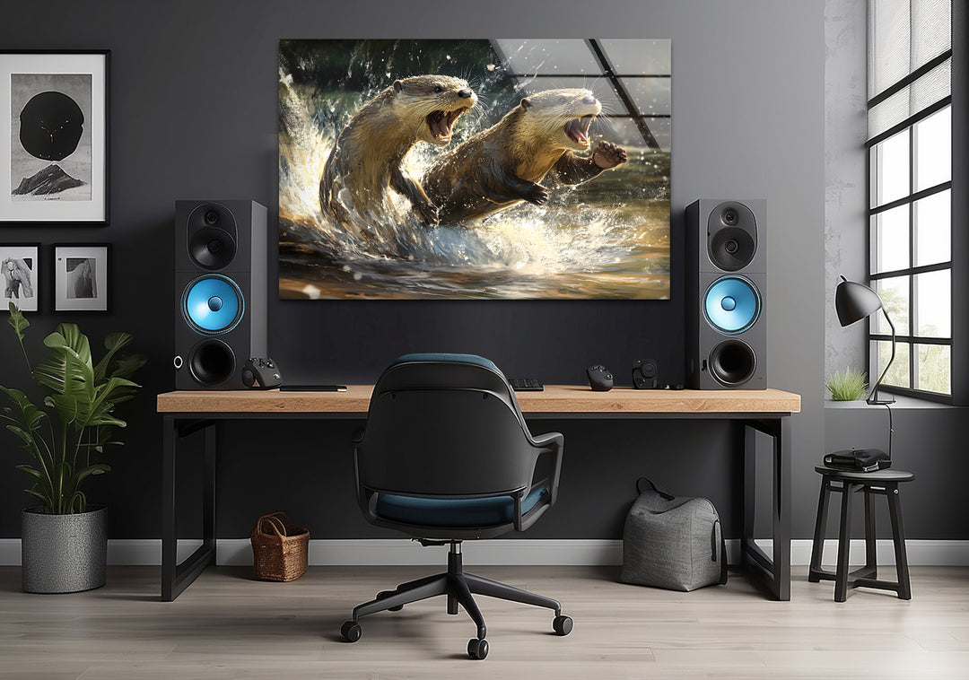 Playful Otters Wall Art picture on glass wall art, photos printed on glass
