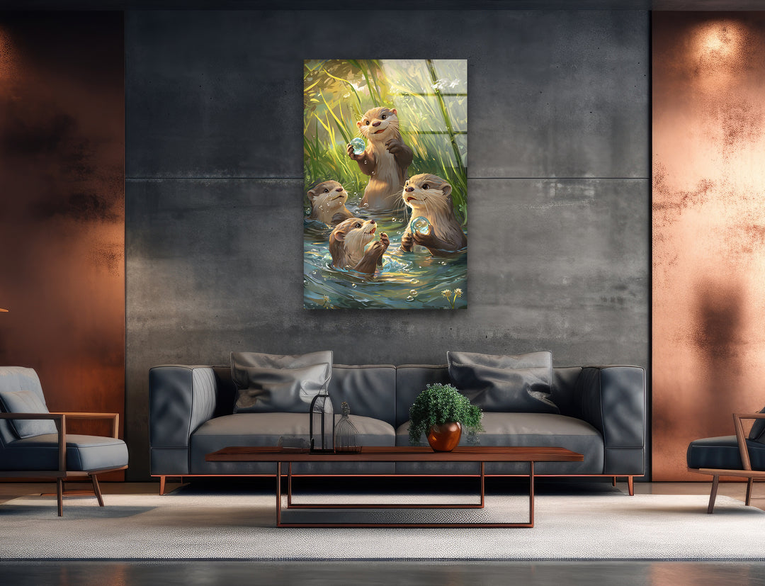 Otters In The Reeds Glass Wall Art custom glass pictures, glass art prints
