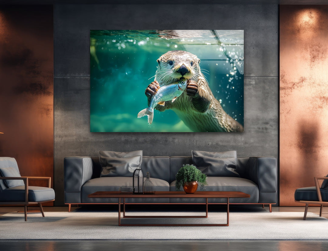 Fish-Eating Otter Glass Wall Art Glass Printing Wall Art, Print photos on glass
