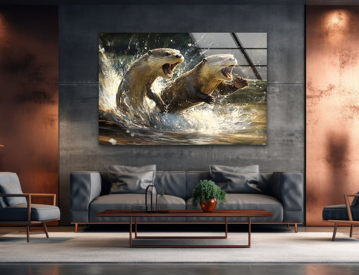 Playful Otters Wall Art glass pictures for Wall, glass prints wall art
