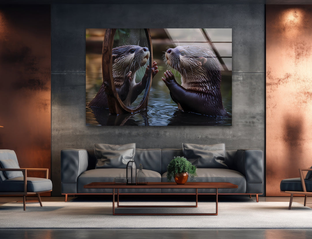 Otter in the Mirror Wall Art glass image printing, glass prints from photos
