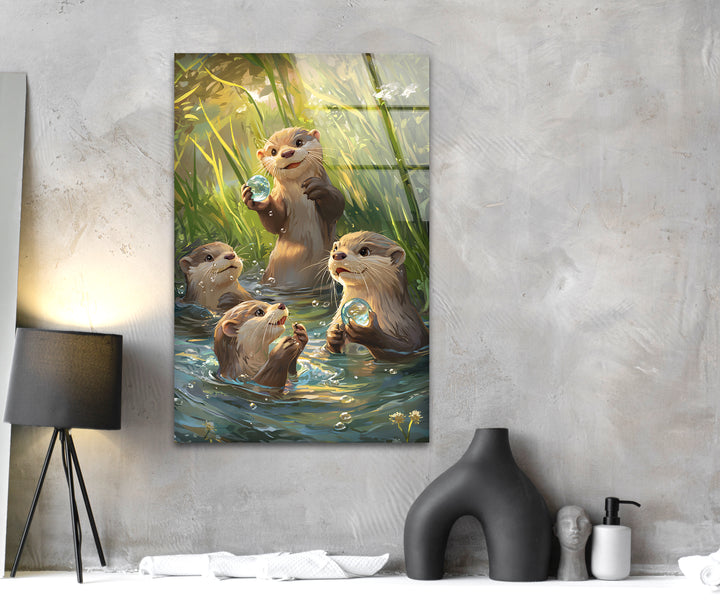 Otters In The Reeds Glass Wall Art photo print on glass, prints on glass wall art
