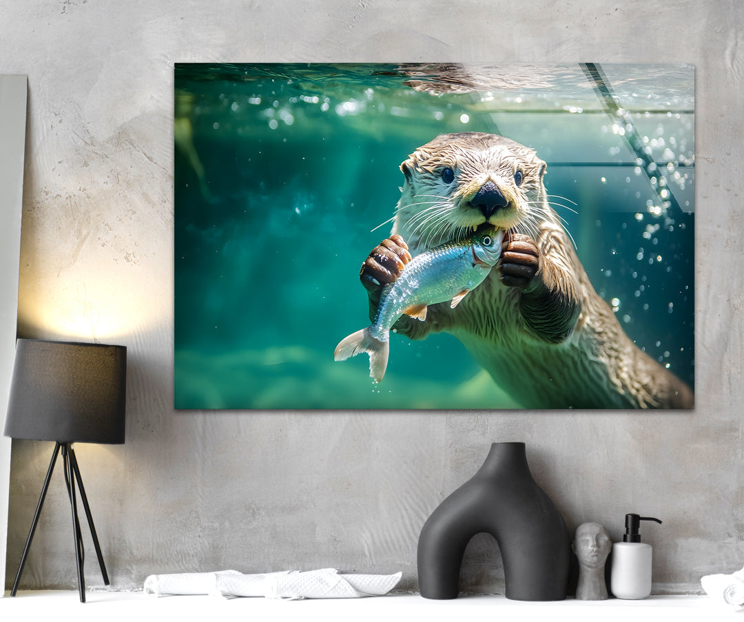 Fish-Eating Otter Glass Wall Art glass photo prints, glass picture prints
