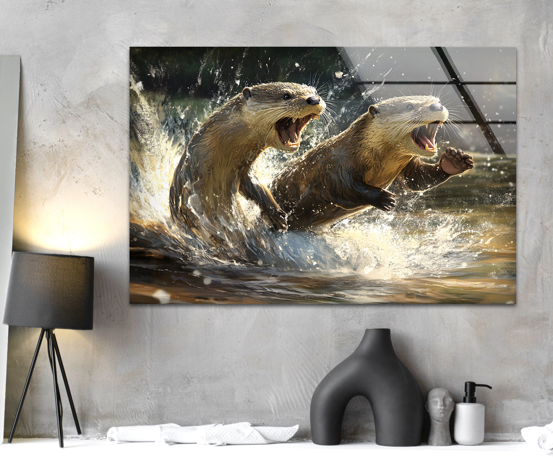 Playful Otters Wall Art Glass Printing Wall Art, Print photos on glass
