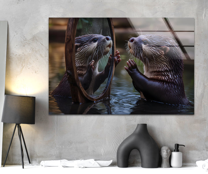 Otter in the Mirror Wall Art glass pictures for Wall, glass prints wall art
